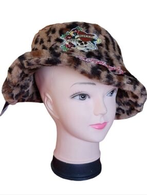 Ed Hardy Leopard Faux Fur Bucket Hat‎ Skull Roses Y2K Tattoo One Size